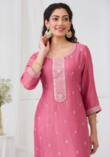 Women's Onion Pink Sequins Raw Silk Readymade Salwar Suit