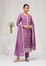 Women's Purple Threadwork Raw Silk Readymade Salwar Suit