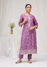 Women's Purple Threadwork Raw Silk Readymade Salwar Suit