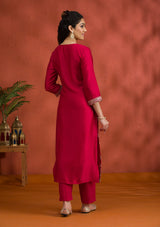 Women's Rani Pink Threadwork Raw Silk Readymade Salwar Suit
