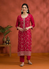 Women's Rani Pink Threadwork Raw Silk Readymade Salwar Suit