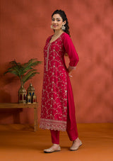 Women's Rani Pink Threadwork Raw Silk Readymade Salwar Suit