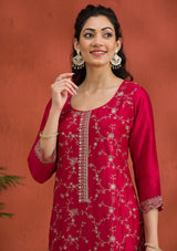 Women's Rani Pink Threadwork Raw Silk Readymade Salwar Suit