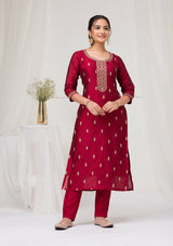 Women's Red Sequins Raw Silk Readymade Salwar Suit