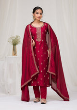 Women's Maroon Sequins Raw Silk Readymade Salwar Suit with Dupatta
