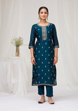 Women's Peacock Blue Sequins Raw Silk Readymade Salwar Suit