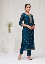 Women's Peacock Blue Sequins Raw Silk Readymade Salwar Suit with Dupatta