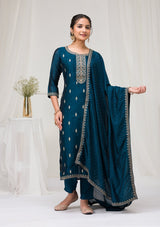 Women's Peacock Blue Sequins Raw Silk Readymade Salwar Suit