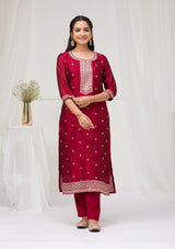 Women's Red Sequins Raw Silk Readymade Salwar Suit