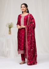 Women's Red Sequins Raw Silk Readymade Salwar Suit