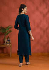 Women's Peacock Blue Threadwork Raw Silk Readymade Salwar Suit