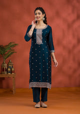 Women's Peacock Blue Threadwork Raw Silk Readymade Salwar Suit
