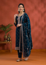 Women's Peacock Blue Threadwork Raw Silk Readymade Salwar Suit