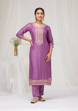 Women's Purple Threadwork Raw Silk Readymade Salwar Suit