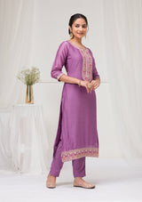 Women's Purple Threadwork Raw Silk Readymade Salwar Suit