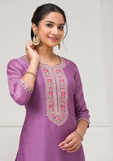Women's Purple Threadwork Raw Silk Readymade Salwar Suit