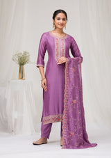 Women's Purple Threadwork Raw Silk Readymade Salwar Suit