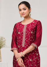 Women's Red Threadwork Raw Silk Readymade Salwar Suit