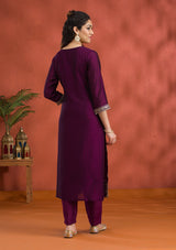 Women's Purple Threadwork Raw Silk Readymade Salwar Suit