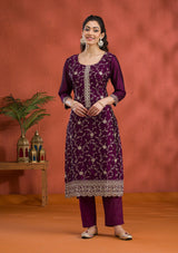 Women's Purple Threadwork Raw Silk Readymade Salwar Suit