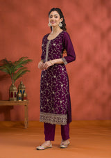 Women's Purple Threadwork Raw Silk Readymade Salwar Suit