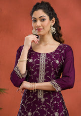 Women's Purple Threadwork Raw Silk Readymade Salwar Suit