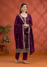Women's Purple Threadwork Raw Silk Readymade Salwar Suit