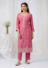 Women's Onion Pink Threadwork Raw Silk Readymade Salwar Suit