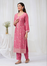 Women's Onion Pink Threadwork Raw Silk Readymade Salwar Suit