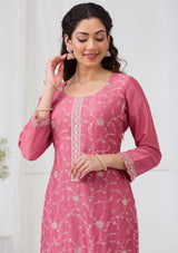 Women's Onion Pink Threadwork Raw Silk Readymade Salwar Suit