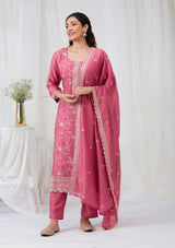 Women's Onion Pink Threadwork Raw Silk Readymade Salwar Suit