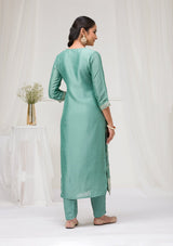 Women's Sea Green Threadwork Raw Silk Readymade Salwar Suit
