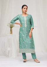 Women's Sea Green Threadwork Raw Silk Readymade Salwar Suit