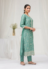 Women's Sea Green Threadwork Raw Silk Readymade Salwar Suit