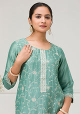 Women's Sea Green Threadwork Raw Silk Readymade Salwar Suit