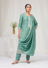 Women's Sea Green Threadwork Raw Silk Readymade Salwar Suit