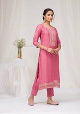 Women's Onion Pink Threadwork Raw Silk Readymade Salwar Suit