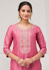 Women's Onion Pink Threadwork Raw Silk Readymade Salwar Suit