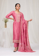 Women's Onion Pink Threadwork Raw Silk Readymade Salwar Suit