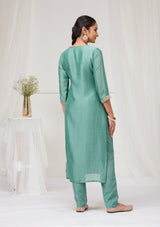 Women's Sea Green Threadwork Raw Silk Readymade Salwar Suit
