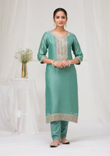 Women's Sea Green Threadwork Raw Silk Readymade Salwar Suit