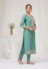 Women's Sea Green Threadwork Raw Silk Readymade Salwar Suit