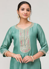Women's Sea Green Threadwork Raw Silk Readymade Salwar Suit
