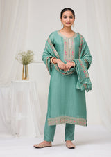 Women's Sea Green Threadwork Raw Silk Readymade Salwar Suit