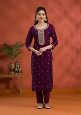 Women's Purple Threadwork Raw Silk Readymade Salwar Suit