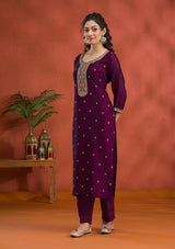 Women's Purple Threadwork Raw Silk Readymade Salwar Suit