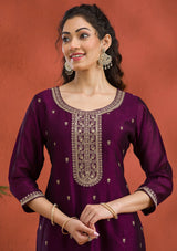 Women's Purple Threadwork Raw Silk Readymade Salwar Suit