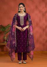 Women's Purple Threadwork Raw Silk Readymade Salwar Suit