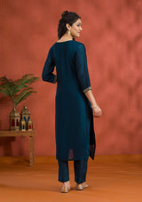 Women's Peacock Blue Threadwork Raw Silk Readymade Salwar Suit