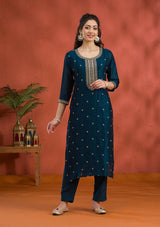 Women's Peacock Blue Threadwork Raw Silk Readymade Salwar Suit